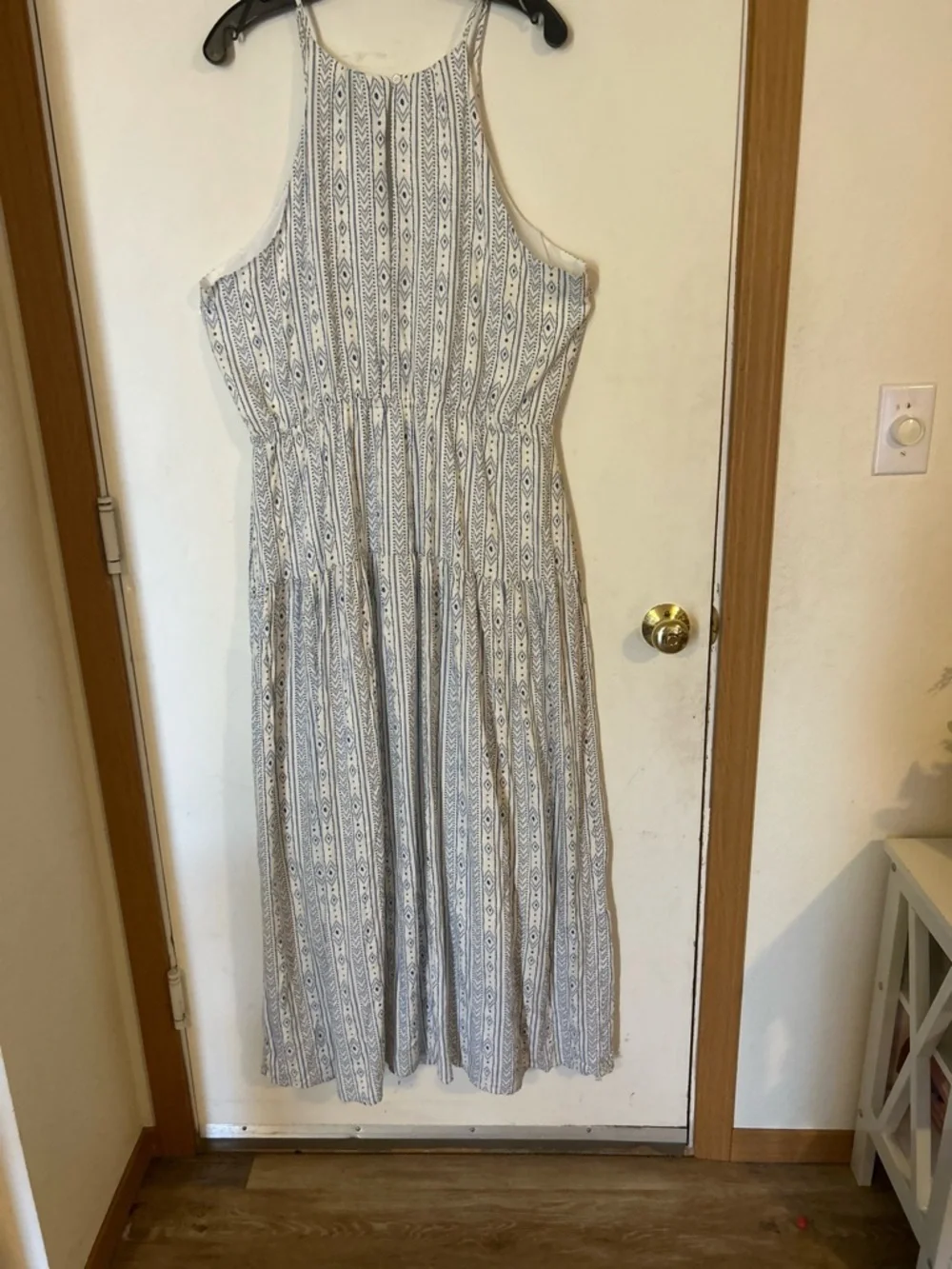 Threadgrit Lynette Blue & White High Neck Southwestern Print Maxi Dress Large